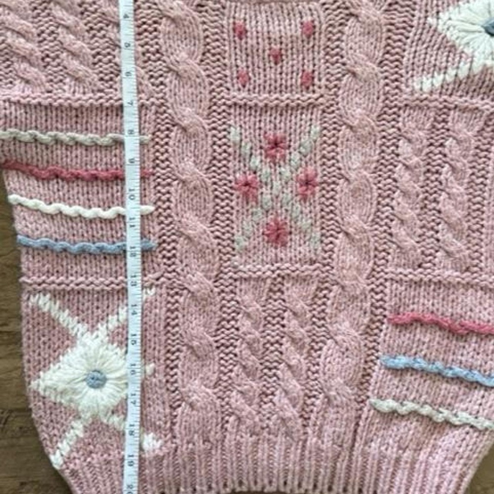 Vintage Hunters Run Hand Knit Sweater Pink Floral Cable Knit Ramie Cotton - Picture 3 of 8